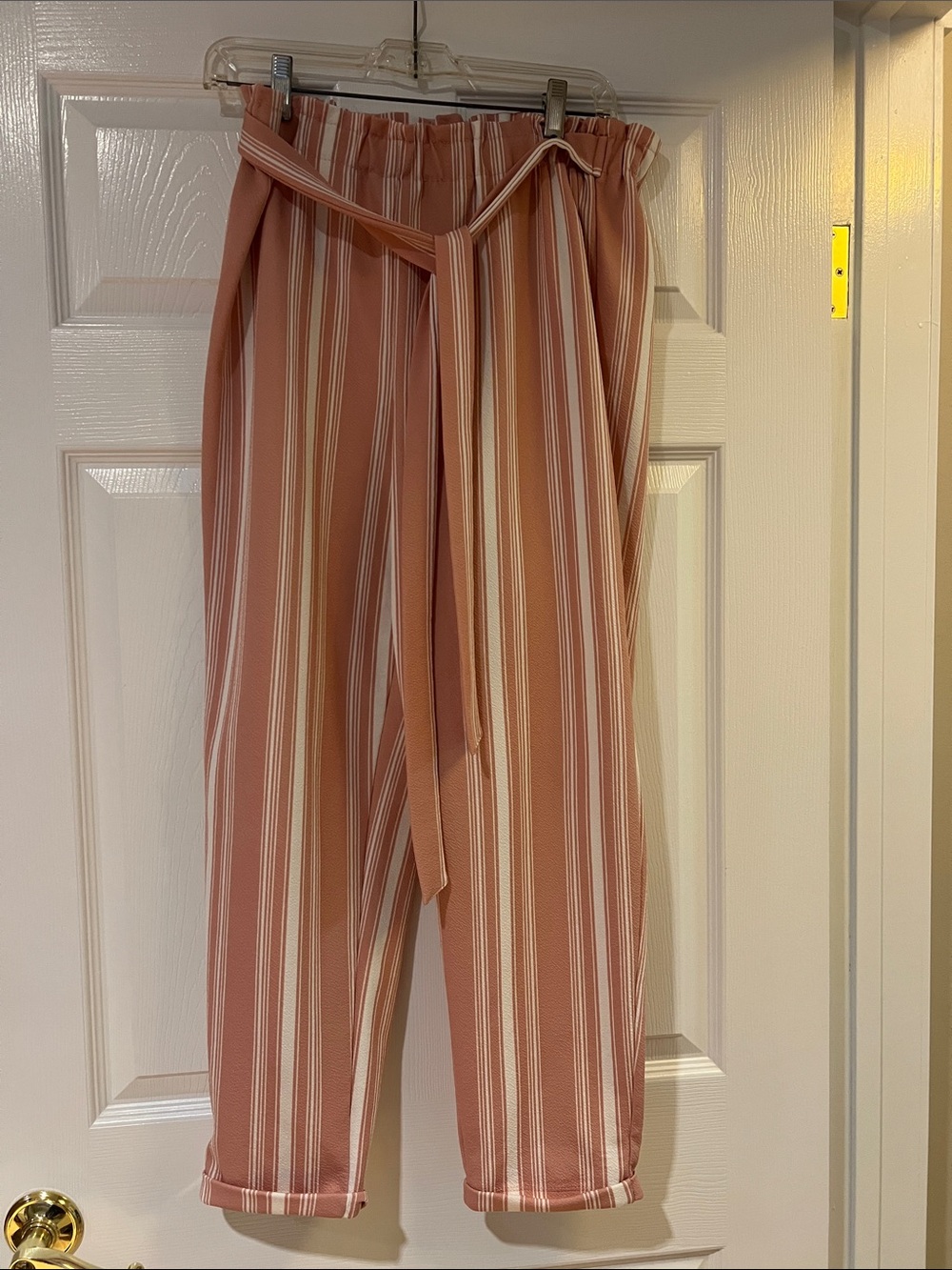 Striped Paperbag Ankle Pants in Mauve with Tie Belt